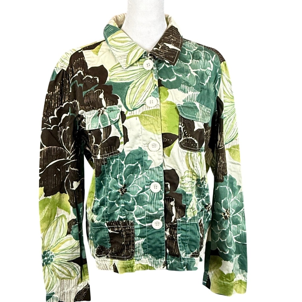 Chicos Jacket Size 1 US M Floral Button Front Lightweight Green Brown White